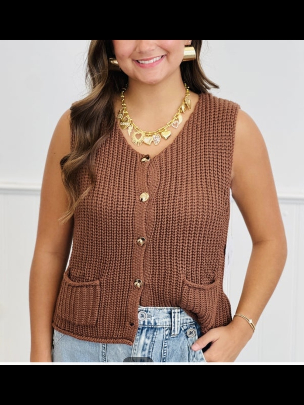 New Sunday Edition Sleeveless Knit Button-Front Sweater Vest in Brown Large
